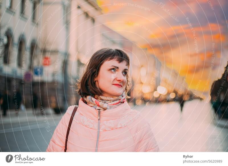 Vilnius, Lithuania. Young Beautiful Pretty Caucasian Girl Woman Dressed In Jacket Enjoying Life On Street Of Vilnius In Lithunia adult beautiful caucasian city