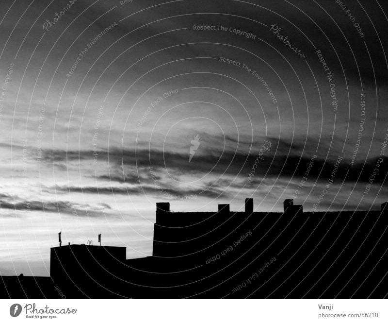 View from the kitchen window Clouds House (Residential Structure) Roof Building Vantage point Evening Longing Window Loneliness Black & white photo Kitchen Sky