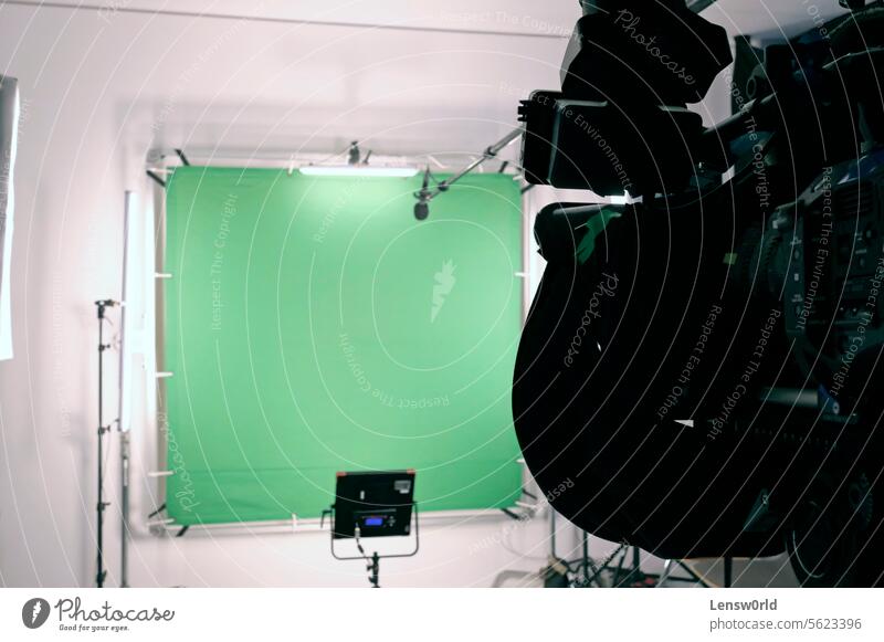 Setup in a TV studio with green screen, lights, and camera background chroma key discussion empty equipment film furniture green screen background greenscreen