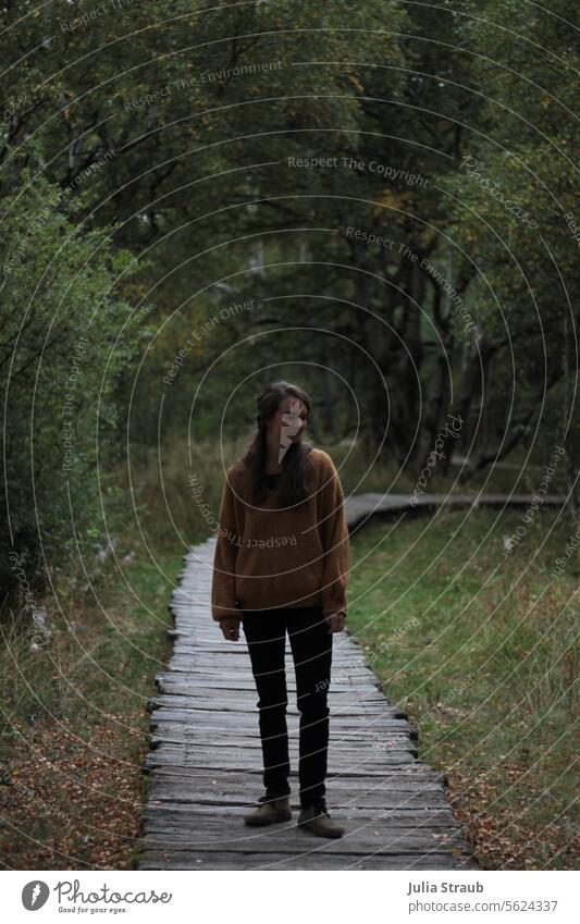 dark side Lanes & trails wooden walkway Bog Black Moor Rhön Woman long hairs Grinning Nature Nature reserve trees leaves Autumn in the shade