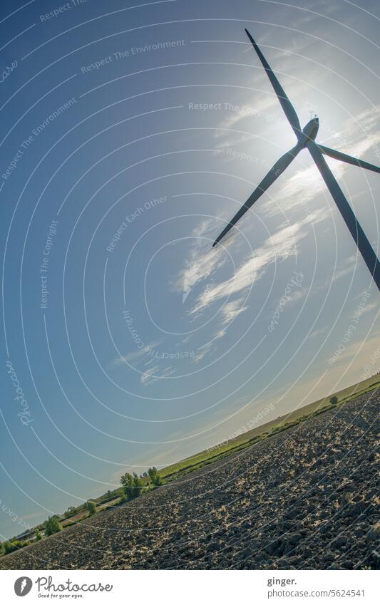 Oblique wind power Pinwheel Sky Field acre obliquely Horizon Agriculture Landscape Nature Environment Deserted Clouds Exterior shot Colour photo