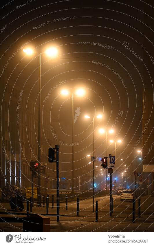 Street in Frankfurt, fog Fog frankfurt/main Hesse Rhein-Main area Night at night foggy Haze steamy Lantern lanterns streetlamp street lamps Traffic light city