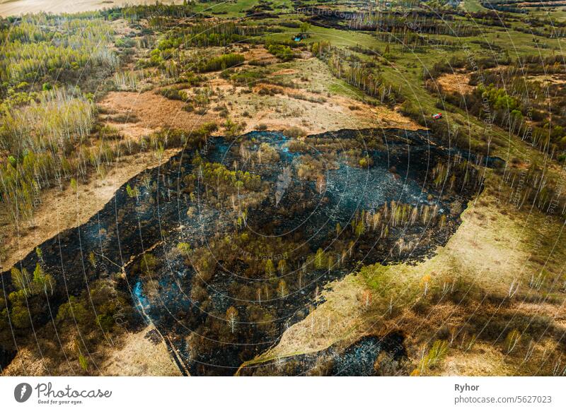 Wild Open Fire Destroys Grass. Natural Disaster. Concept Of Save Nature. Bush Fire And Smoke In Meadow Field. Nature In Danger. Aerial View Of Dry Grass Burns During Drought And Hot Weather