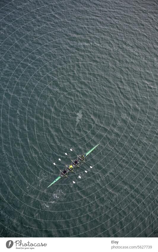 canoe, aerial image of a 4-person canoe paddling on a river Canoes Canoeing Canoe trip Aerial photograph aerial view aerial shot Paddling River Water Adventure