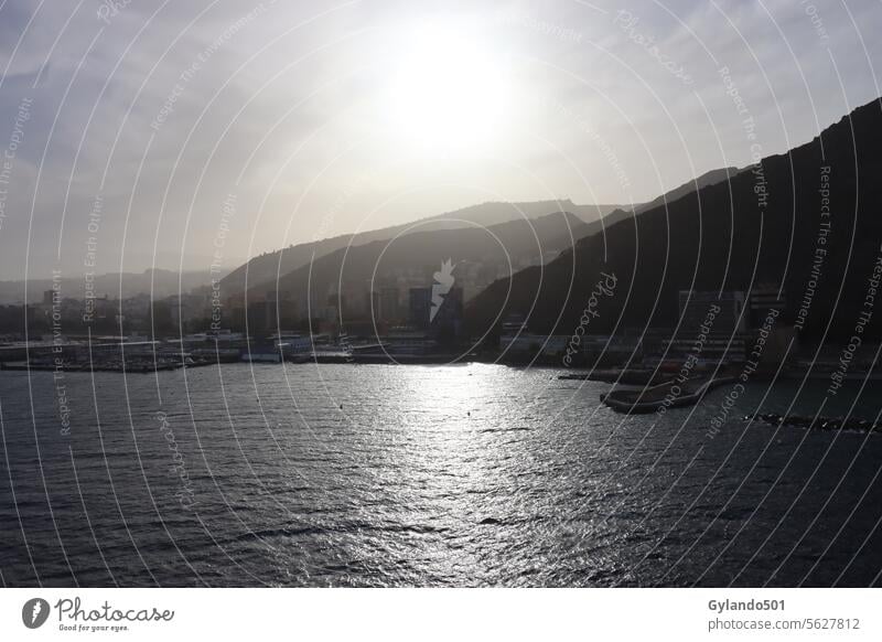 View on the port of Santa Cruz de Tenerife from the sea anaga mountains atlantic ocean background beautiful blue boat cliff cloud clouds coast coastline europe