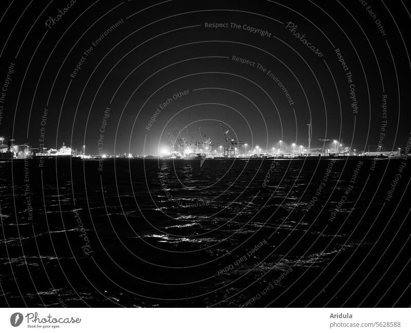 Evening view over the Elbe b/w Harbour cranes Hamburg Port of Hamburg Navigation Container terminal Crane logistics Flood Waves clearer Lighting River Water