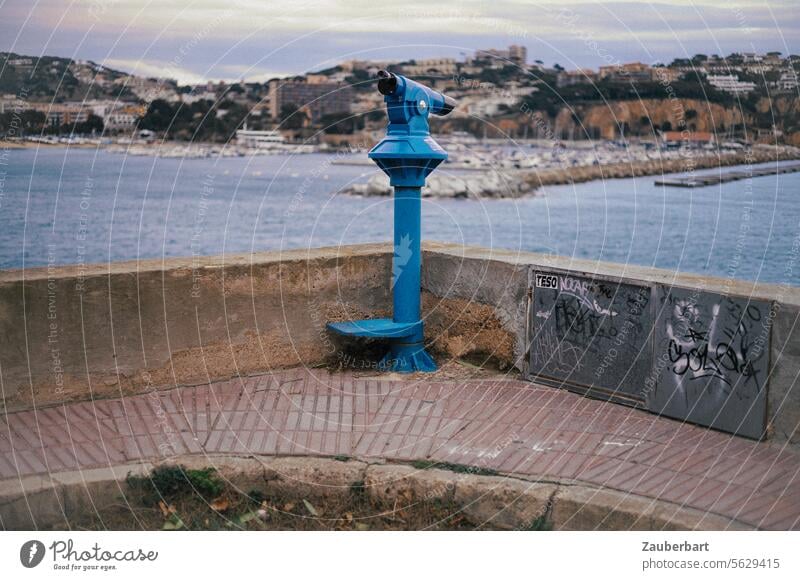 A blue telescope on the Catalan coast Harbour Catalonia outlook farsightedness Tourism Corner Ocean Vacation & Travel Relaxation standstill