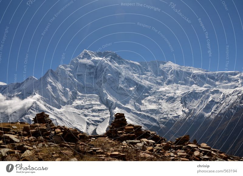 Nepal II Vacation & Travel Adventure Mountain Hiking Nature Landscape Sky Sunlight Snow Rock Annapurna II Peak Snowcapped peak Glacier Cold Stone Colour photo