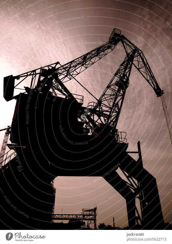 Stationary harbor crane backlit Dockside crane Logistics Silhouette Historic Back-light Monochrome Economy Industry Clouds Technical monument Copy Space