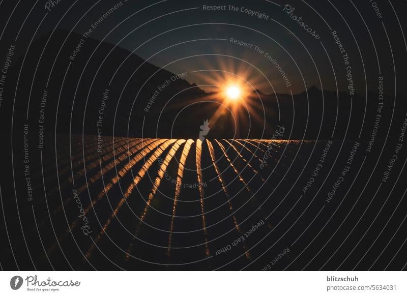 Sunrise on a mountain peak with freshly groomed slopes Back-light Morning Light Nature Dawn Landscape Beautiful weather Sunbeam Sky Calm Idyll Environment