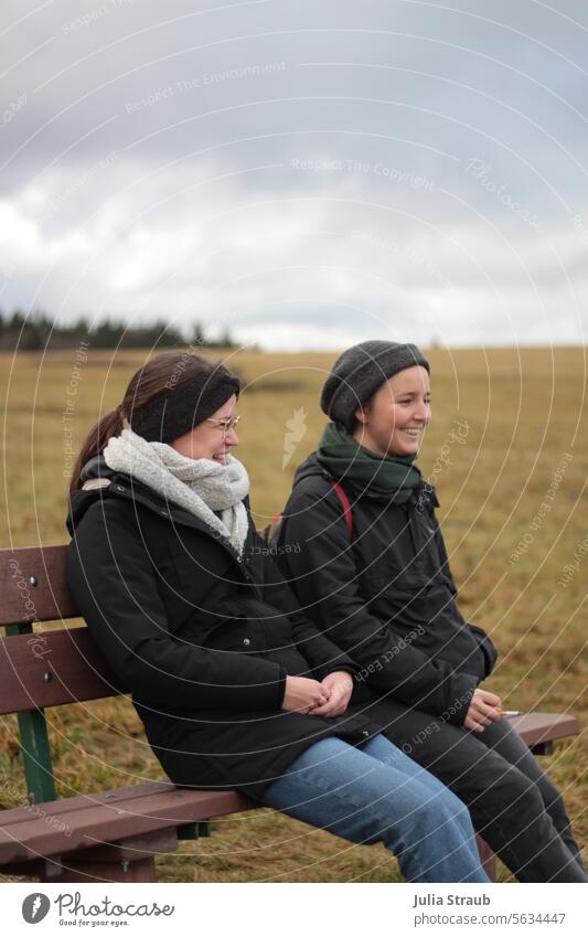 hiking break Break take a break Bench Hiking Walking Smoking cold season Cold Winter Headband relaxed Funny good mood Good mood Joy Friends Trip bench out Rhön