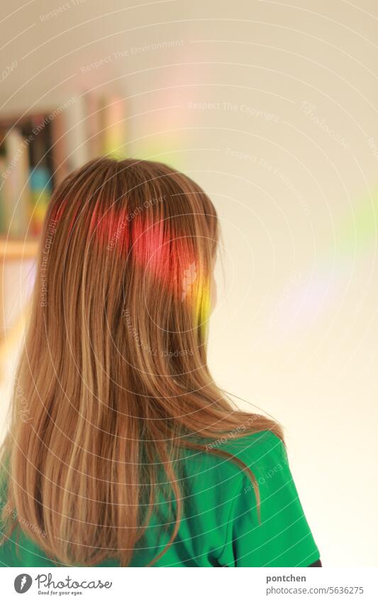 a streak of light in rainbow colors in a child's hair.hope, joy, happiness Beam of light Rainbow Child Hope Joy Happy Light Tolerant Multicoloured Refraction