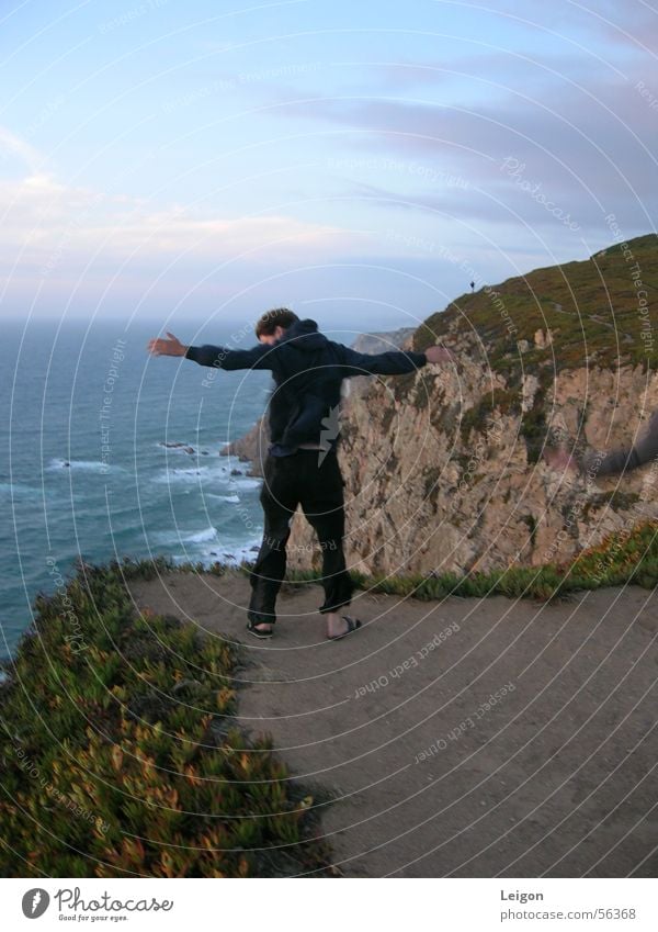 windswept Portugal Cape Man Ocean Cliff Wind