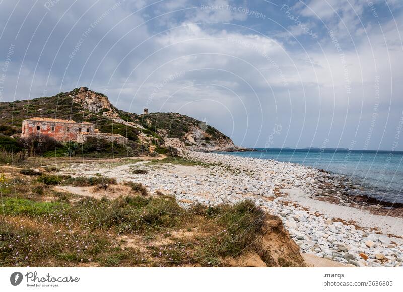 coastline Rock Ocean Water Pebble beach Beach Clouds Landscape Summer Vacation & Travel Adventure Tourism stones Vantage point wide Ruin Wilderness Feral