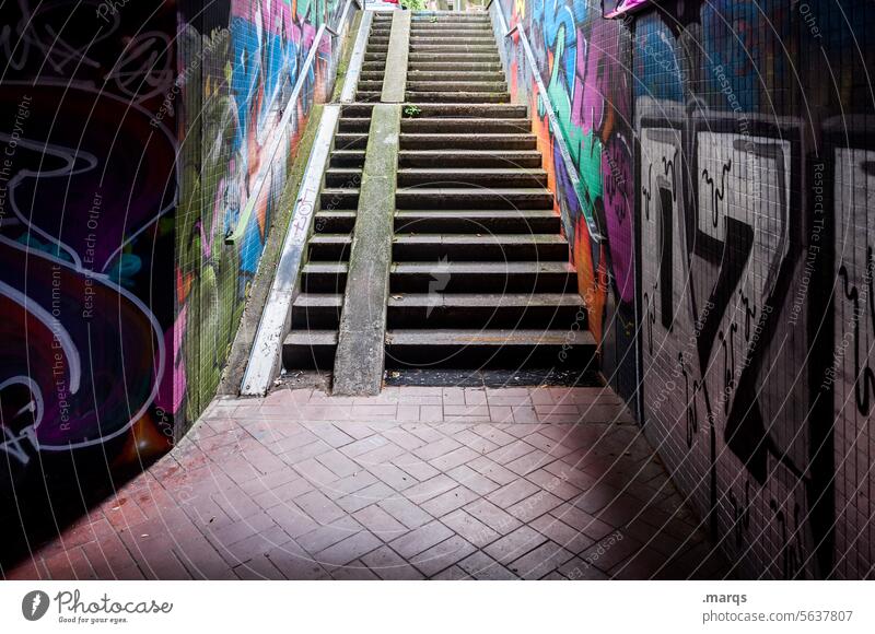 high Contrast Town Passage Lanes & trails Dark Stairs Safety Pedestrian underpass Light Graffiti Underpass Tunnel Street art Sunlight dark and gloomy