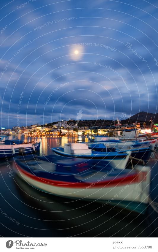 taken for a ride Sky Clouds Moon Beautiful weather Mountain Island Crete Harbour Fishing boat Old Blue Multicoloured Red Black White Idyll Colour photo