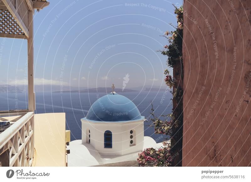 Santorini/Santorini Greece Exterior shot Blue Island Colour photo Ocean Mediterranean sea Cyclades the Aegean Deserted Caldera Village Church White