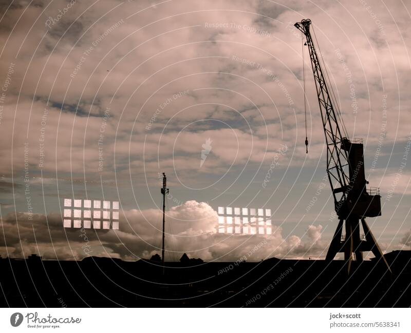 Harbor crane, loading and unloading Dockside crane Crane Sky Logistics Silhouette Panorama (View) Reflection Harbour Monochrome Clouds Economy Lübeck