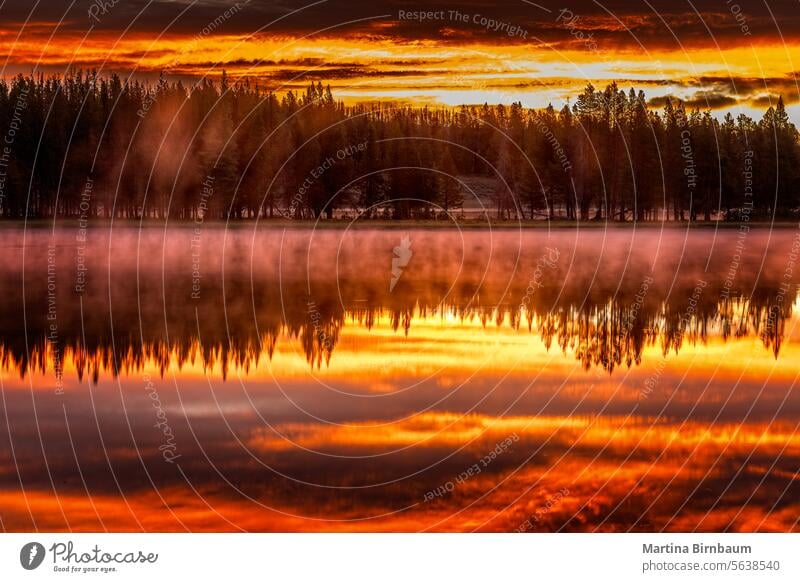 Gorgeous sunrise behinde Lake Yellowstone in the Yellowstone National Park scenic summer national park yellowstone national park national parks fog landscape