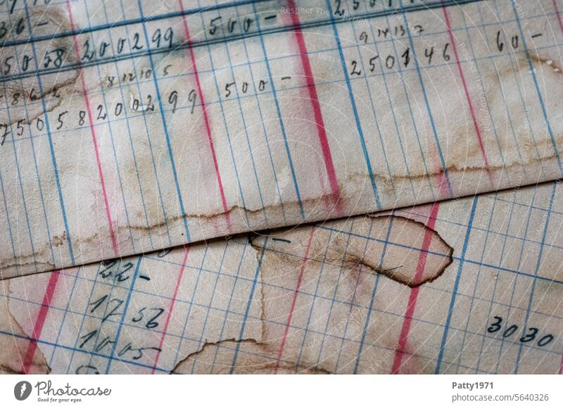 Handwritten entry on loose pages of an old cash book. The ink has run, the paper is stained and soiled. Paper Old Handwriting background Digits and numbers