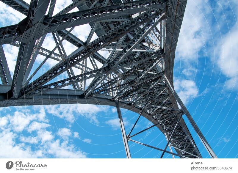 struts Steel Metal Gigantic high up Bridge Steel construction Crossbeam Detail Steel carrier Bridge construction Historic obliquely Construction Architecture