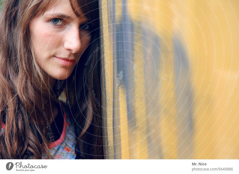 woman Observe Smiling Authentic Self-confident Face Looking Feminine Looking into the camera portrait Emanation Long-haired Attractive naturally Sympathy