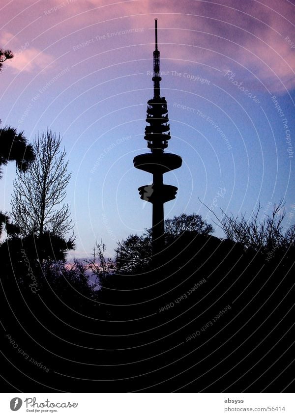 Night Line Japanese garden Twilight Red Black Hamburg Evening Blue Television tower Hamburg TV tower Exterior shot