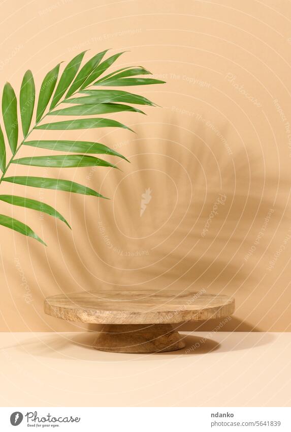 Round brown wooden stand on a beige background scene show showcase stage green leaf marketing nobody palm plant platform podium presentation promotion studio