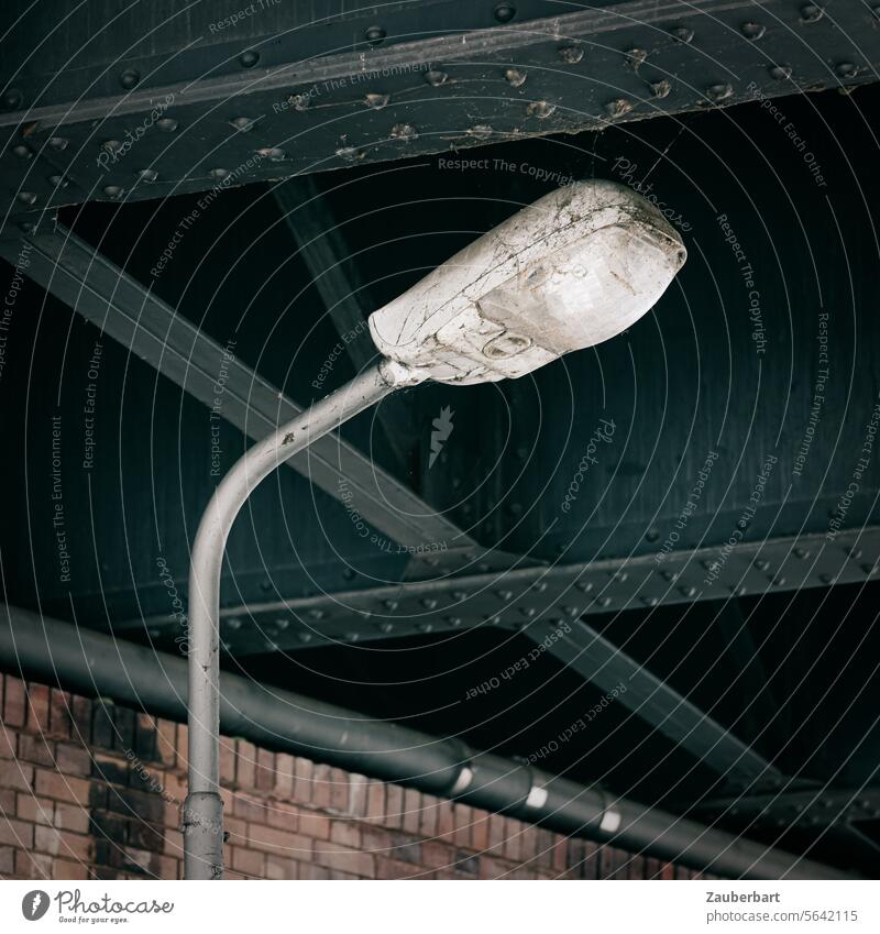 Street lamp ducks under a steel bridge streetlamp Lantern Duck down crouched Bridge Steel Carrier Stud Light Lamp Lighting Wait Ready Patient Illuminate