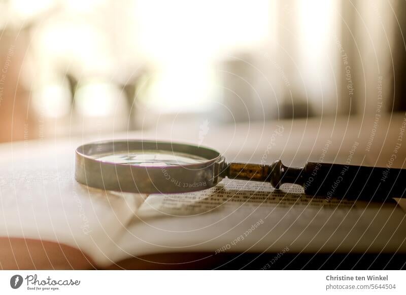 an old magnifying glass lies on an old book Book magnifying reader Reading Magnifying glass Open book Reading aid Old Literature Know Education Reading matter