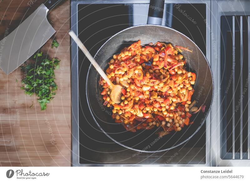 Pan dish on stove seen from above. Eating food Nutrition Crockery Food Dinner hunger Gastronomy Restaurant Appetite Lunch hungry Full Delicious boil Pans