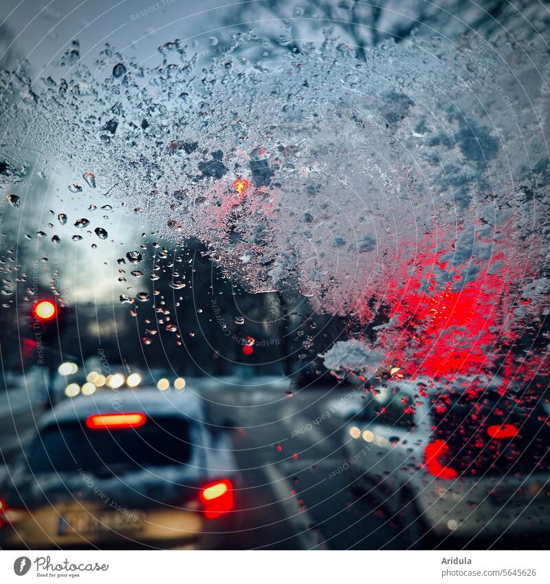 Winter in the car at red lights Traffic light Street Transport Ice chill Car Traffic infrastructure Light Road traffic Motoring Crossroads Lanes & trails