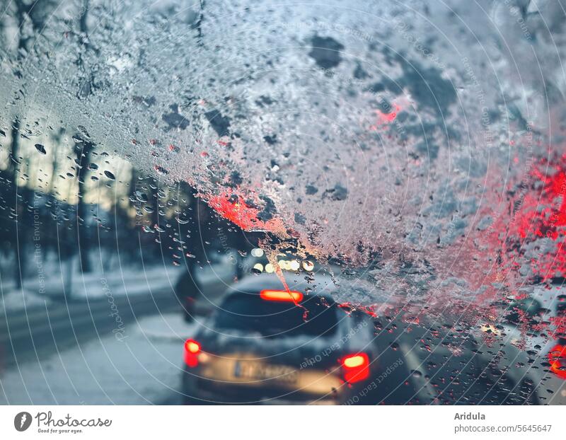 Winter in the car at red lights Traffic light Street Transport Ice chill Car Traffic infrastructure Light Road traffic Motoring Crossroads Lanes & trails