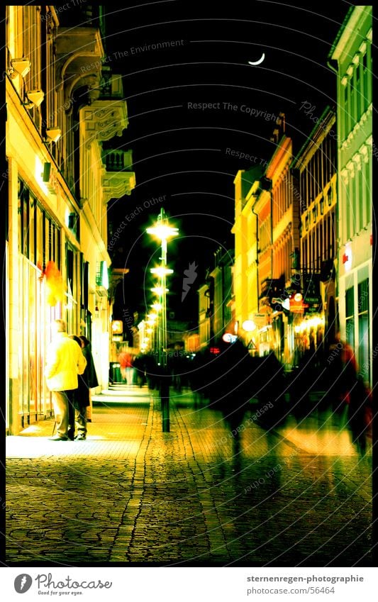 green Town House (Residential Structure) Downtown Heidelberg Pedestrian precinct Silhouette Lantern Half moon Long exposure Anonymous Haste Night life Moon Sky