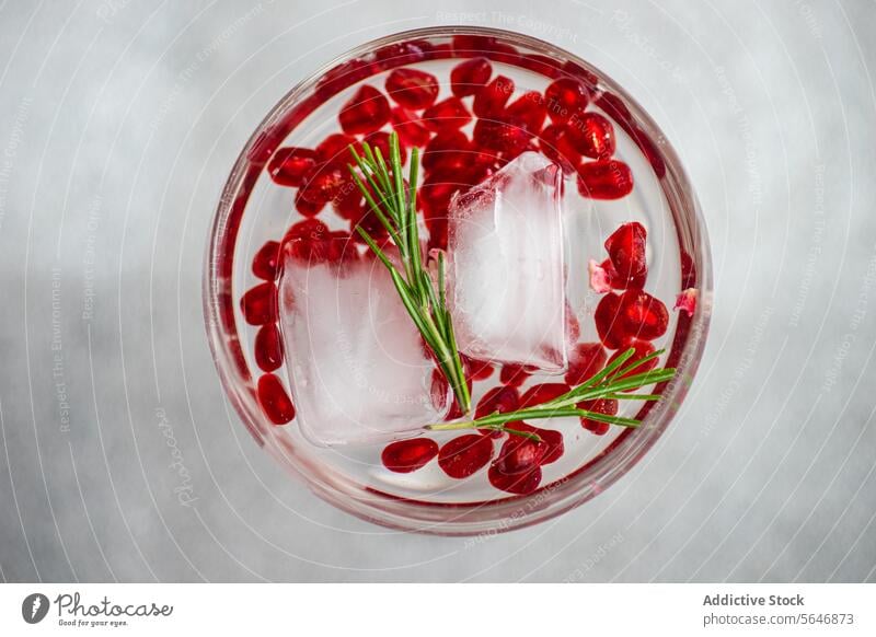 Pomegranate gin tonic placed in concrete background cocktail pomegranate seed rosemary glass alcohol beverage drink ice grey textured mixology bar aperitif