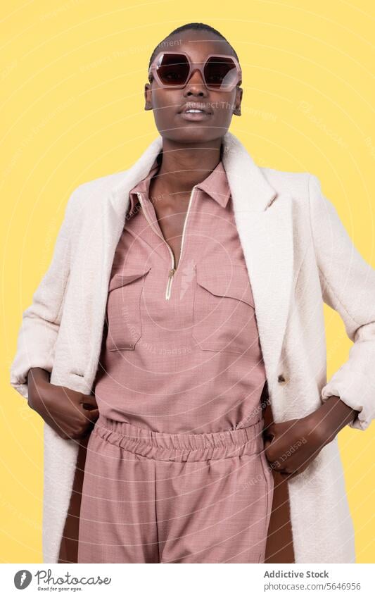 Thoughtful young bold African American female model in trendy outfit and sunglasses looking at camera on yellow background Woman Trendy Style Outfit Sunglasses