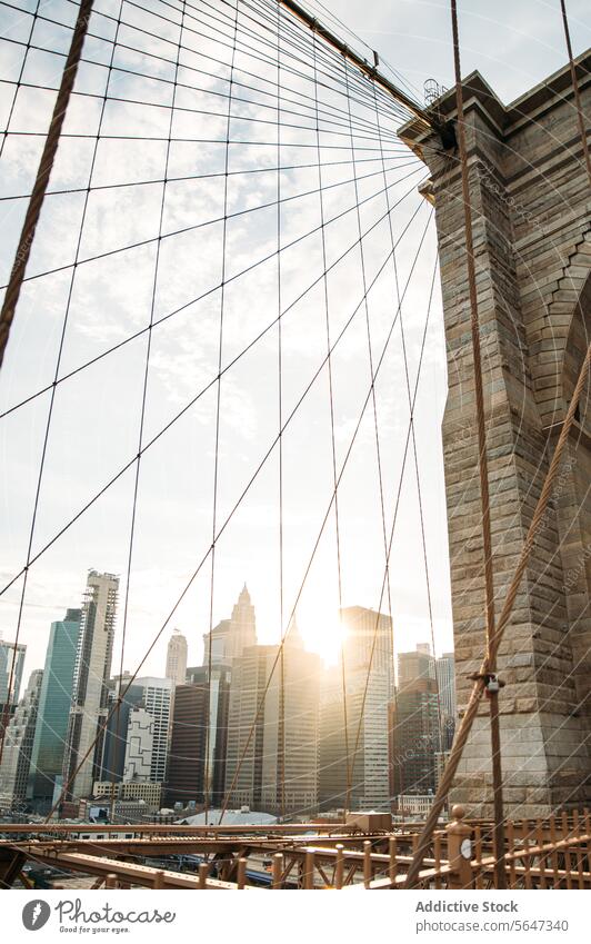 Brooklyn Bridge with sunset Manhattan skyline bridge sunlit cable design architecture city river landmark travel urban structure tower building historic