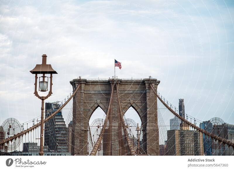 Intricate Brooklyn Bridge against city backdrop bridge cable design intricate Manhattan skyline architecture skyscraper daylight cityscape river urban New York