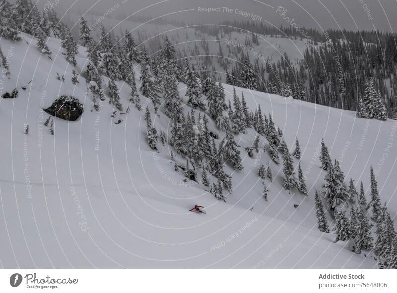 Person snowboarding on snow covered mountain slope person snowboarder snowcapped vacation winter full body anonymous majestic cloudy sky enjoy canada nature