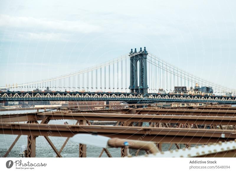 Manhattan Bridge with city skyline backdrop bridge architecture river landmark urban tower building historic transportation steel scenic view travel structure