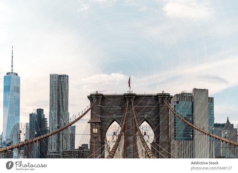 Intricate Brooklyn Bridge against city backdrop bridge cable design intricate Manhattan skyline architecture skyscraper daylight cityscape river urban New York