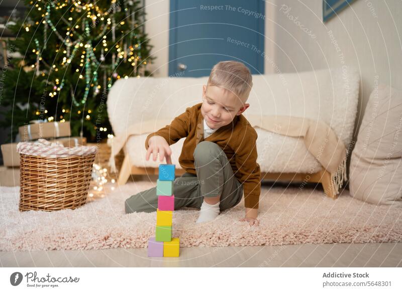 Little boy playing with blocks in living room against Christmas tree child playtime colorful carpet glow holiday season innocence fun engaging stacking joyful