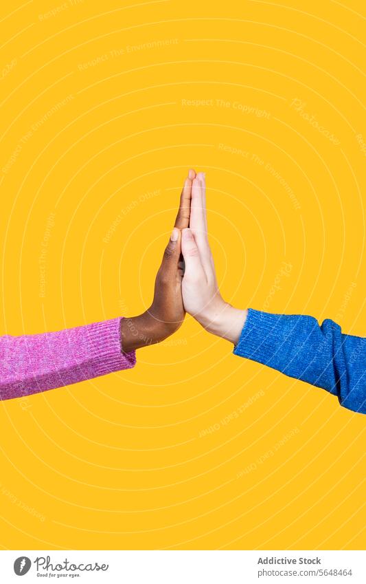 Anonymous multiracial women touching hands over yellow background diverse unity sweater together friend pink blue support crop collaborate community clasp