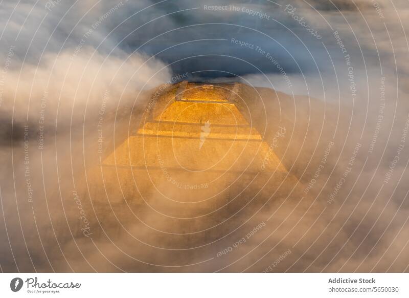 From above view of pyramid slope with fog trip cover mist thick tourist mexico teotihuacan nature scenery vacation tourism weather range scenic landscape