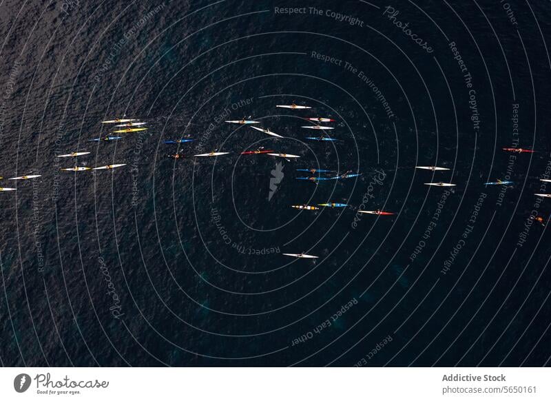 Aerial view of kayaks in open waterc aerial boat sea ocean dark blue colorful scattering top view marine maritime nautical vessel bird's-eye nature aquatic