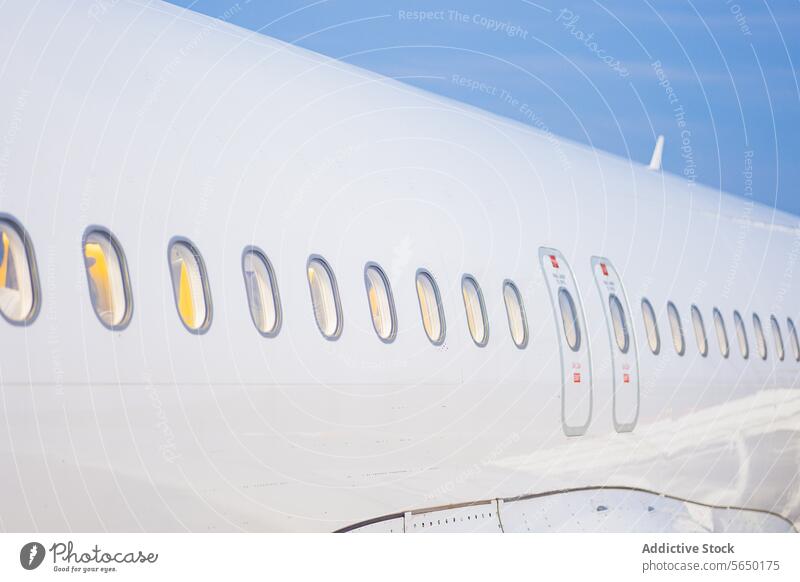 Airplane Windows Viewed from Wing airplane window wing perspective cabin row aircraft aviation travel transport passenger sky flight commercial airline