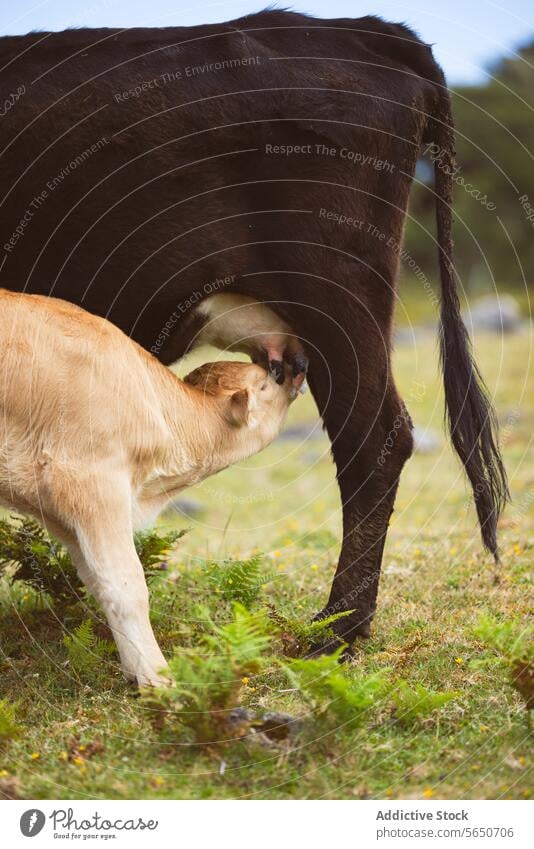 Adorable little calf drinking milk from cow's udder at grassy meadow with blurred background adorable behavior hunger brown beige field nature farm tail natural