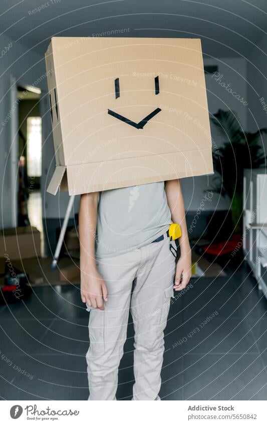 Unrecognizable person wearing empty carton with face emoticon casual clothes cover head cover face hide unknown dark dim faceless unrecognizable anonymous room