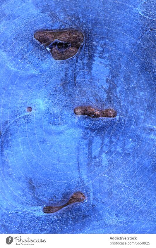 Icy textures with embedded stones, forming a natural mosaic on the frozen ground during early winter icy blue frost cold crystalline seasonal chill macro