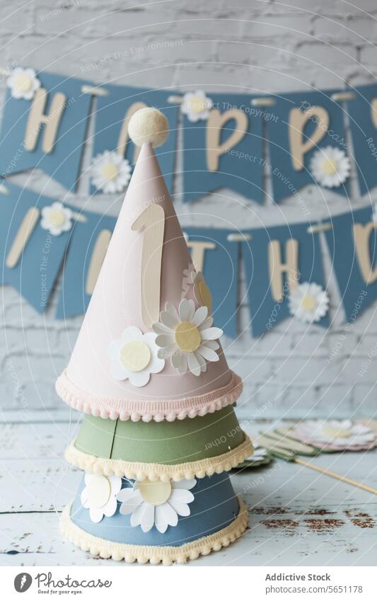 Elegant Handmade Birthday Party Hat Stack birthday hat party decoration handmade stack floral elegant backdrop pastel celebration design festive banner